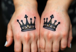 Minimalist black king and queen crowns with gold and silver accents on the outer hands celebrate your royal bond. tattoo idea