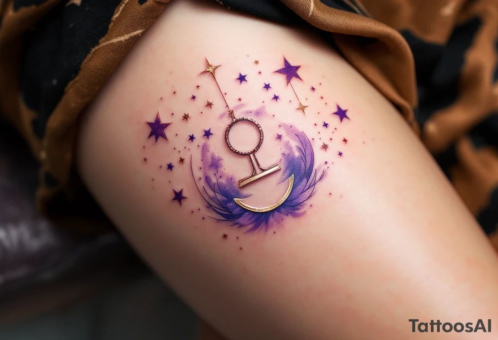 Rose gold stars connect the Libra constellation above a floating Libra symbol in soft violet. tattoo idea