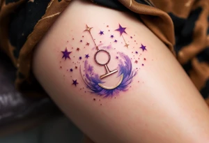 Rose gold stars connect the Libra constellation above a floating Libra symbol in soft violet. tattoo idea