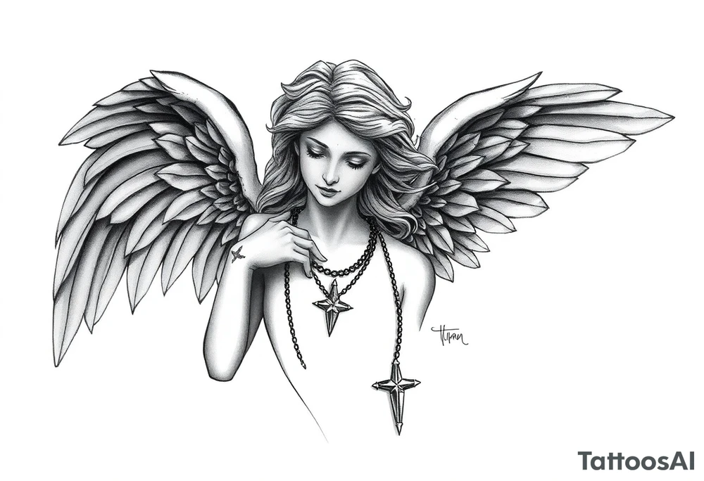 Create a statue of some angel, ruined with criminal corruption, tattoos, jewelry, gold necklaces. I would like this to be placed on the left arm. tattoo idea