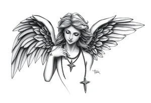 Create a statue of some angel, ruined with criminal corruption, tattoos, jewelry, gold necklaces. I would like this to be placed on the left arm. tattoo idea