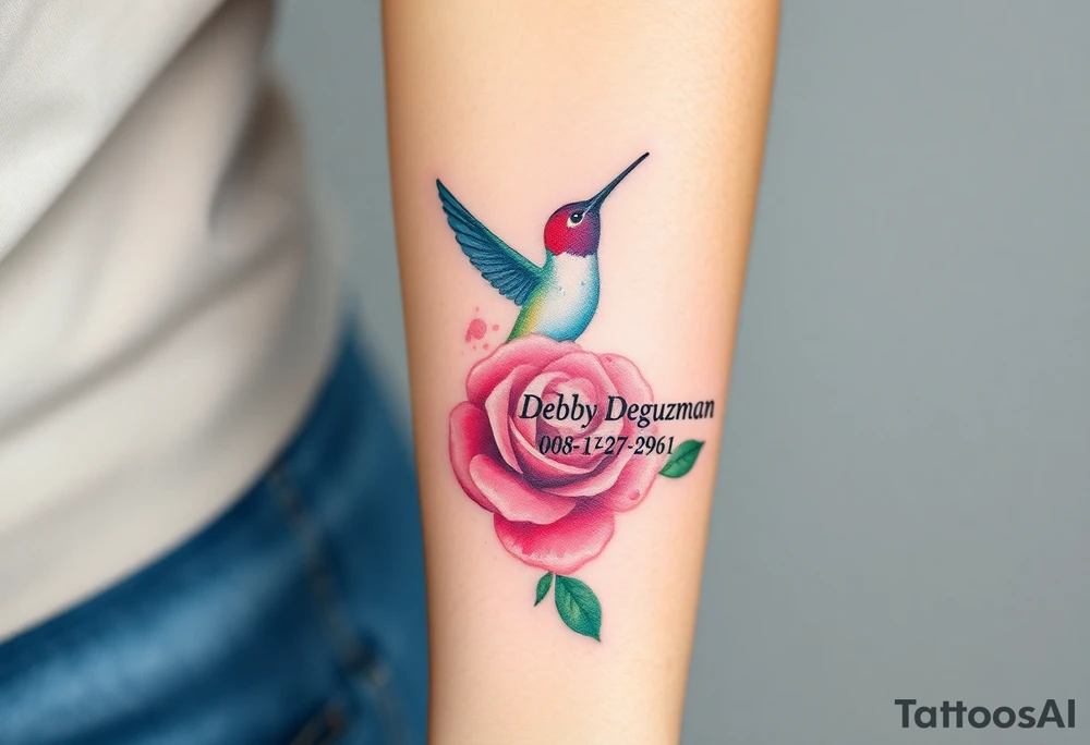 A tattoo on the forearm with the name Debby Deguzman with a humming bird and a rose 08-17-1961 to 05-29-2025 tattoo idea