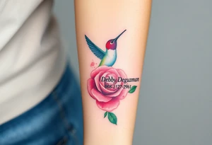 A tattoo on the forearm with the name Debby Deguzman with a humming bird and a rose 08-17-1961 to 05-29-2025 tattoo idea