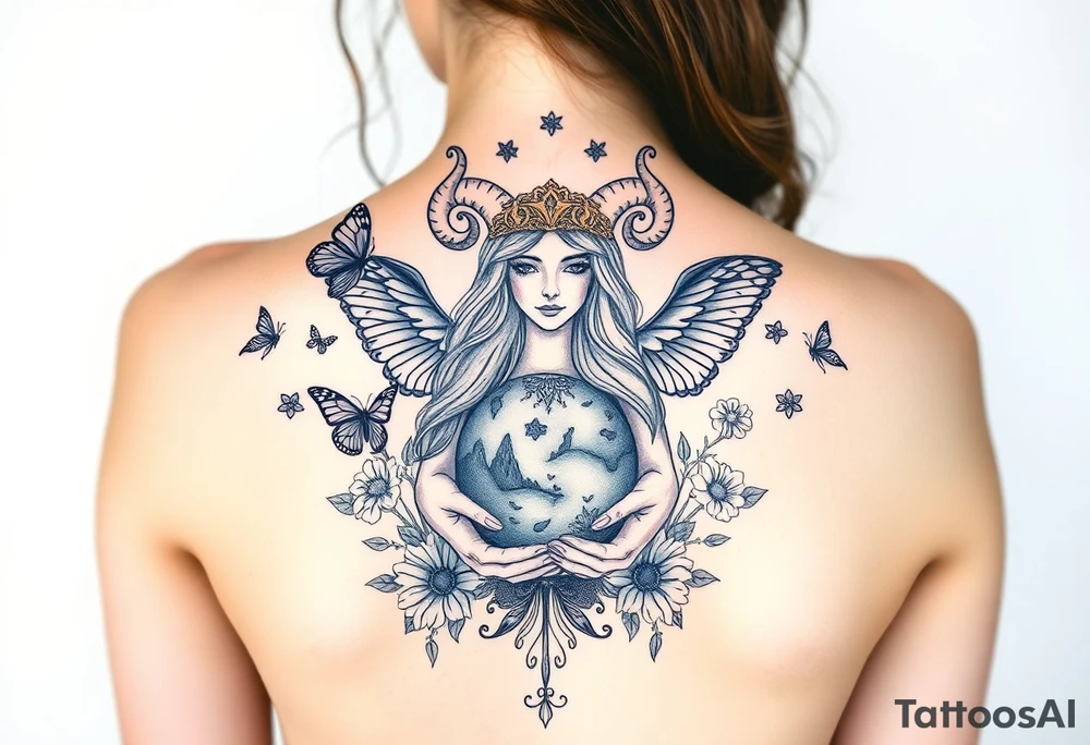Taurus goddess with earth in her hands and butterflies and flowers all around her tattoo idea