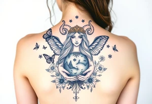Taurus goddess with earth in her hands and butterflies and flowers all around her tattoo idea