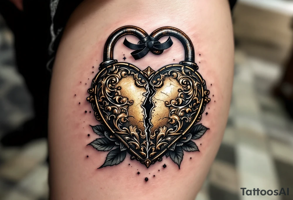 A vintage heart-shaped lock with intricate baroque detailing, cracked slightly at the center, paired with a rusted skeleton key wrapped in a thin black ribbon. The lock is shaded in antique gold and deep bronze, while the key has accents of dark silver and aged steel. Set against a soft shadow background with subtle roses or filigree placed on a calf. tattoo idea