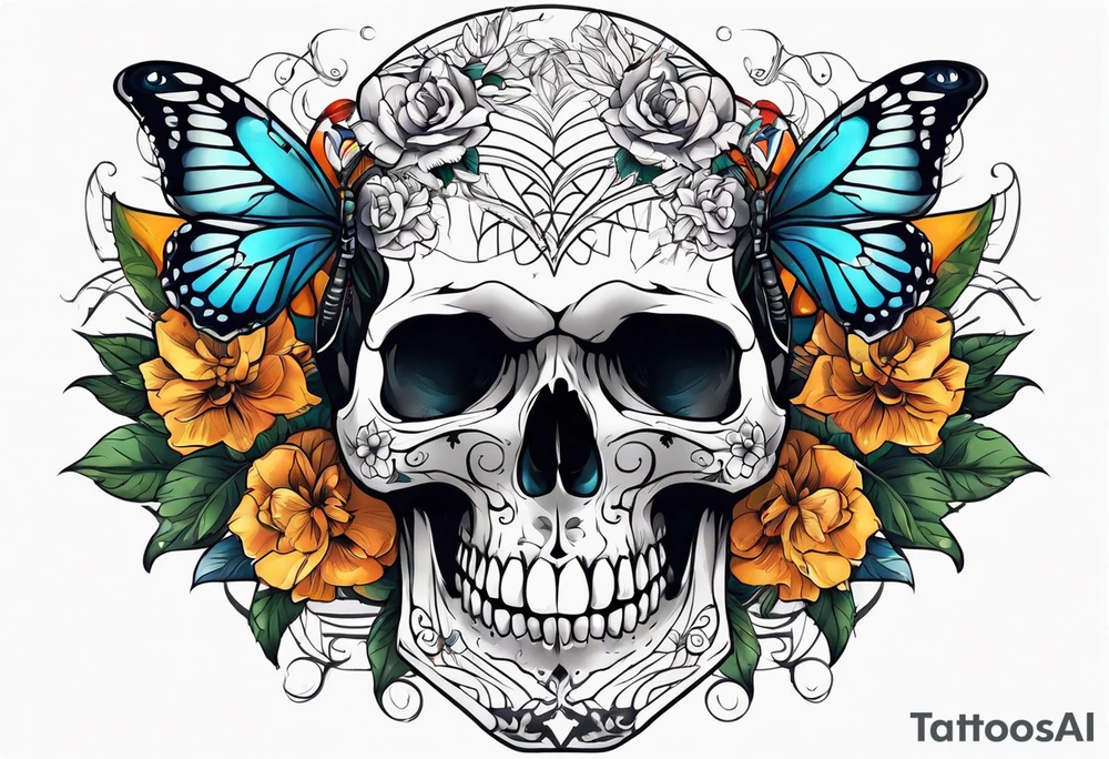 Skull tattoo with scorpions, butterflies, and flowers tattoo idea