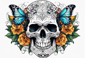 Skull tattoo with scorpions, butterflies, and flowers tattoo idea