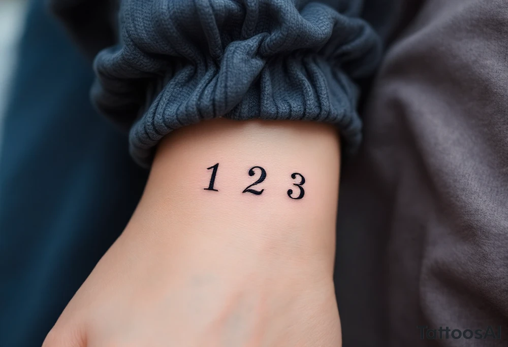 Three delicate Roman numerals "1 2 3" tattooed side by side in black, blue and pink ink tattoo idea