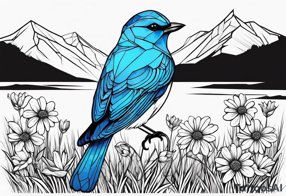 Geometric Black and white blue bird outline sitting in grass and daisys with mountains in the background tattoo idea