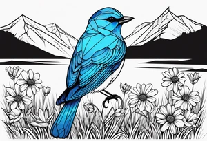 Geometric Black and white blue bird outline sitting in grass and daisys with mountains in the background tattoo idea