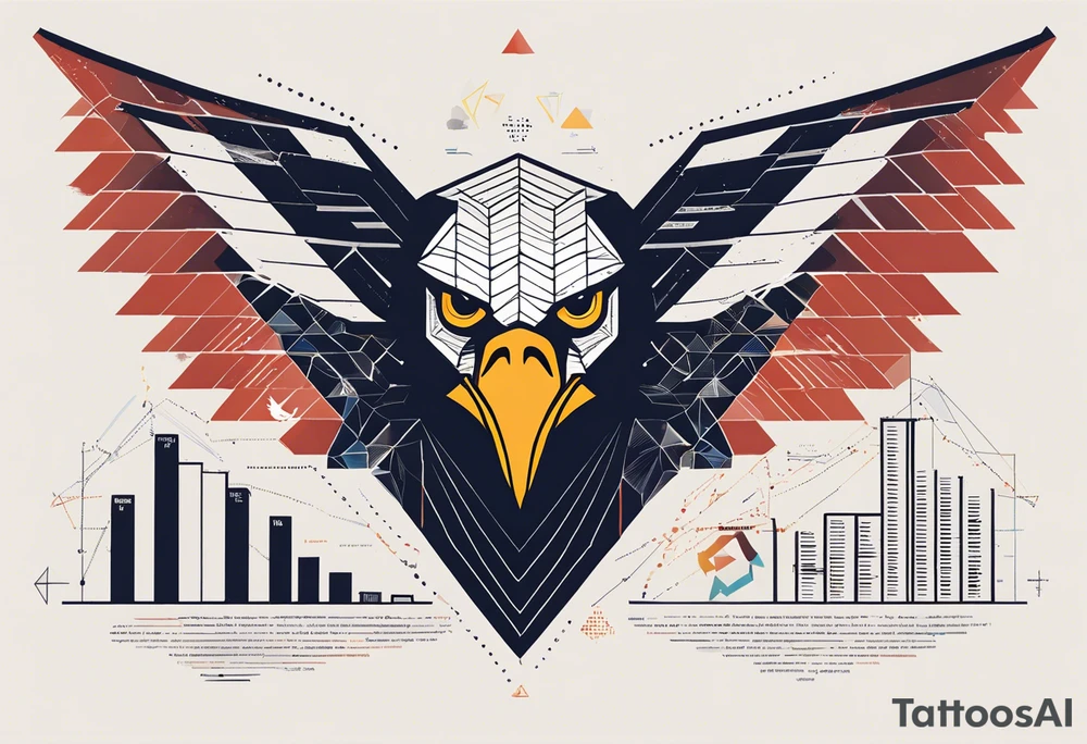Words: Courage, determination, patience, focus, resilience. Image: Geometric eagle face, bull and bear faces divided by the financial market dump and pump. Graphics, symbols of intelligence interconnected with books and studies that represent the search for knowledge as a person guided by humanity and human philosophy. Image for the right arm and right forearm. Use geometric shapes and lines to connect images. all imagens unity tattoo idea