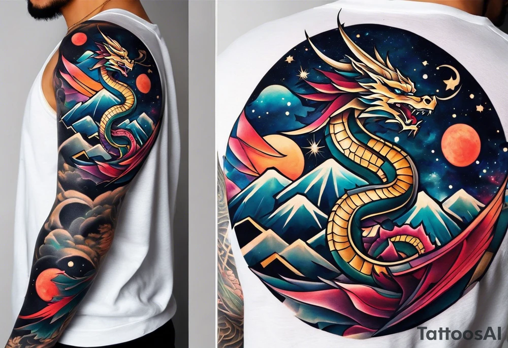 Design a full sleeve tattoo that incorporates a combination of Japanese and geometric themes. Central elements include a fierce dragon intertwined with a katana, symbolizing power and protection, with a samurai warrior standing strong in traditional armor. Surrounding this, integrate a galaxy scene with stars and nebulae, blending into the background to create a cosmic, otherworldly feel. Incorporate geometric patterns like the golden ratio, detailed lines, and precise shapes for structure and flow. Add traditional Japanese waves and delicate sakura blossoms scattered throughout, representing harmony and beauty, all merging into a cohesive design that wraps around the entire arm tattoo idea