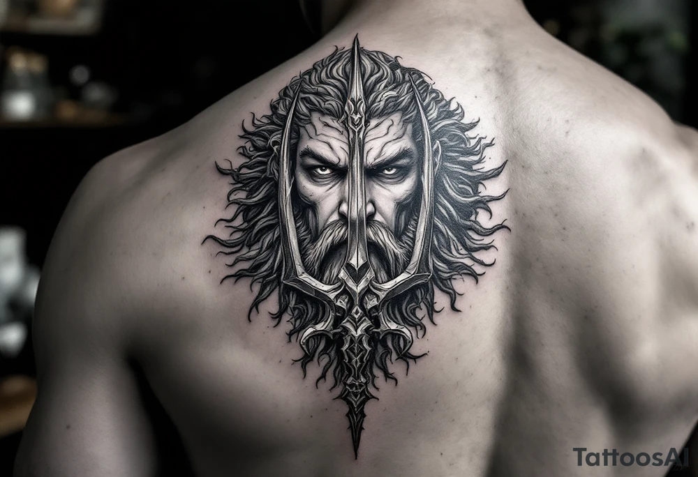gay poseidon face behind trident tattoo idea