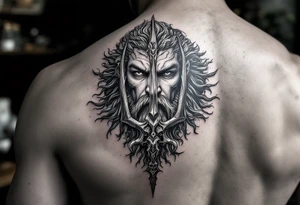 gay poseidon face behind trident tattoo idea
