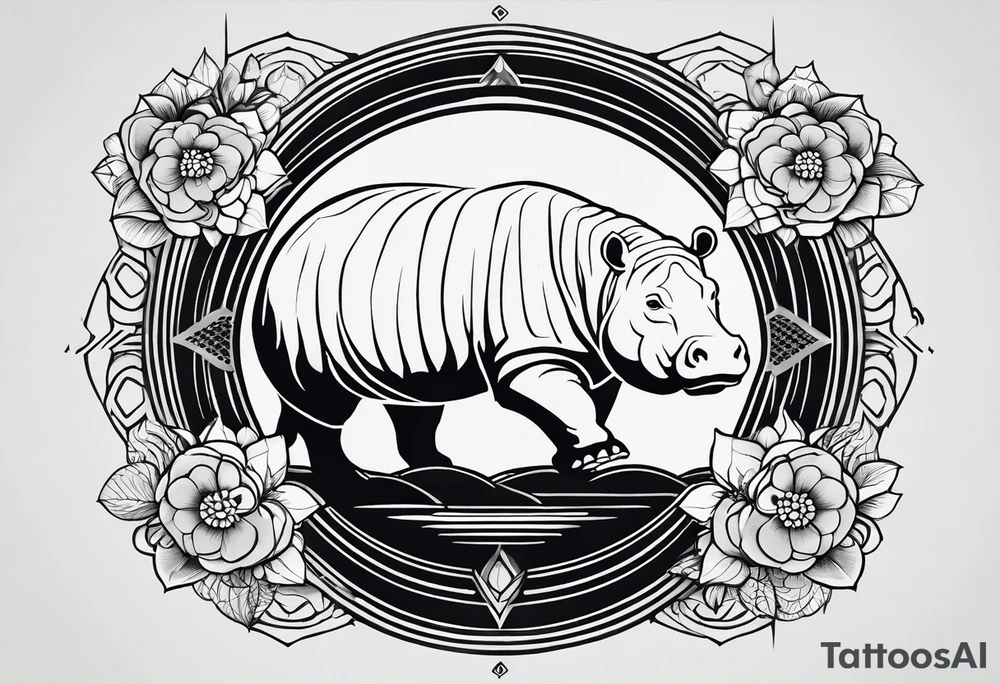Very asymmetrical, +geometric pattern, with realistic full moon, with seeious looking hippo, +zen feel, + Buddhism touch, +tribal, +geometric
with wintersweet flower bud, +portrait orientation, +inkart touch, tattoo idea