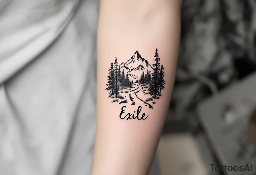 A path in the woods with mountains in the background, the word "Exile" blended in the drawing tattoo idea