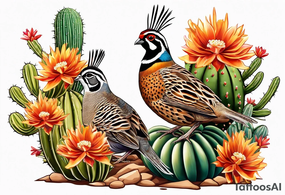 Three quails, desert flowers, cactus, ocotillo, tattoo idea