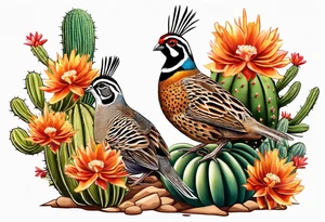 Three quails, desert flowers, cactus, ocotillo, tattoo idea