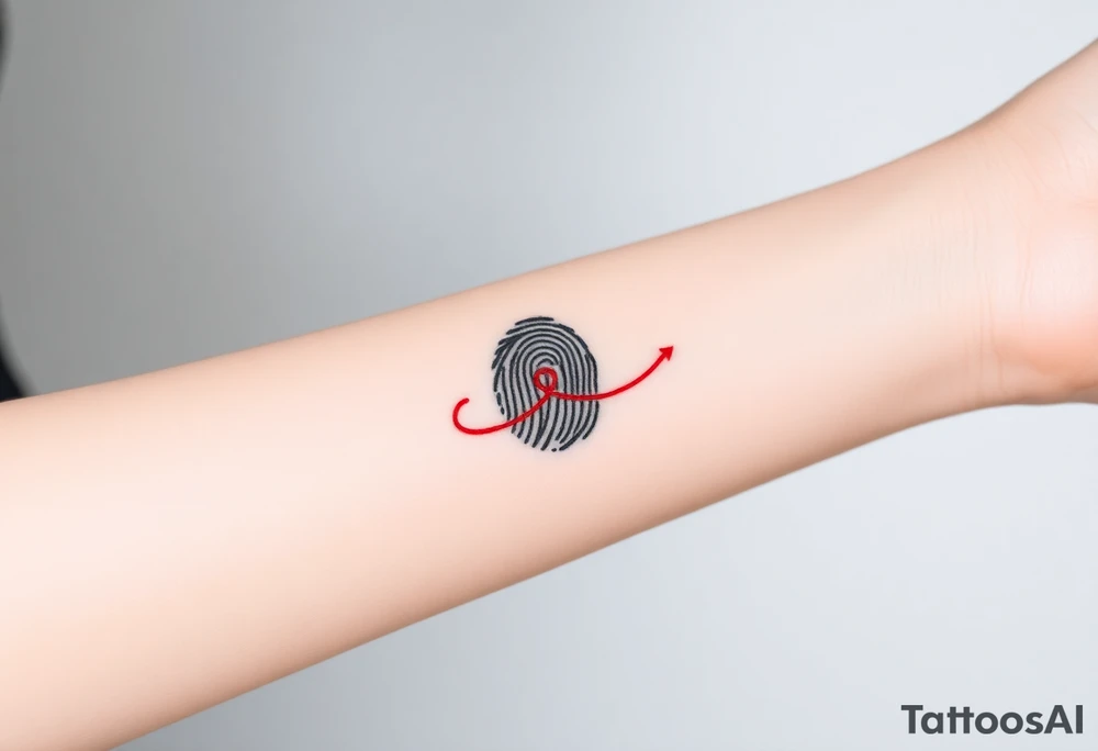 A simple black fingerprint with a thin, red ribbon looping around it, representing connection and destiny tattoo idea