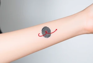 A simple black fingerprint with a thin, red ribbon looping around it, representing connection and destiny tattoo idea