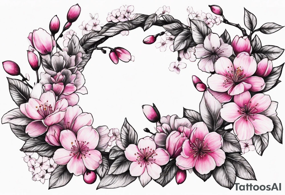Flower wreath cherry blossoms pinks and purples tattoo idea Flower wreath cherry blossoms pinks and purples tattoo idea