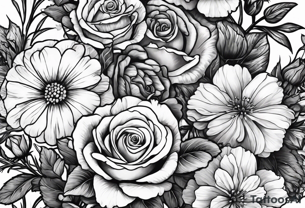 stem of roses, larkspur, carnation, and daisy tattoo idea