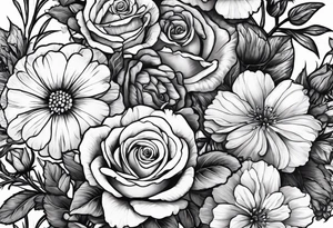stem of roses, larkspur, carnation, and daisy tattoo idea