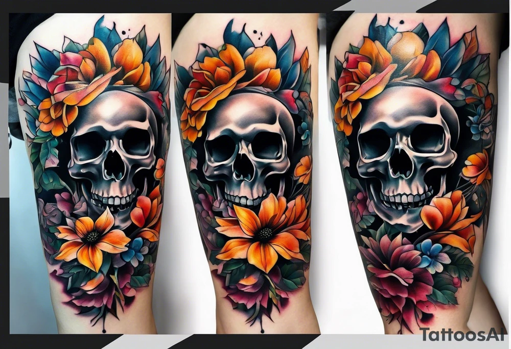 center Knee tattoo with realistic evil skull, various flowers, water and fall colors tattoo idea