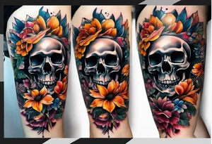 center Knee tattoo with realistic evil skull, various flowers, water and fall colors tattoo idea