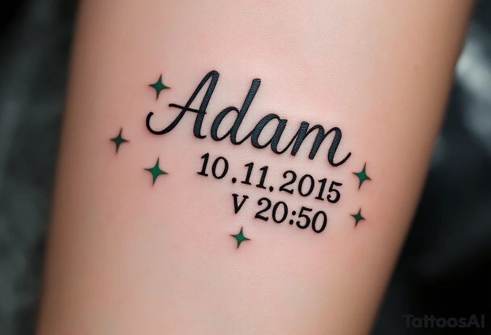 "Adam" written in typewriter font above 10.11.2015 v 20:50, with soft sage green stars around it. tattoo idea