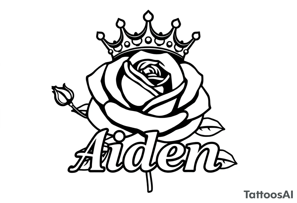 Rose with no stem with a kings crown above it and the name Aiden large Infront of it going to the right 


A rose bud with a kings crown on-top towards the left tattoo idea