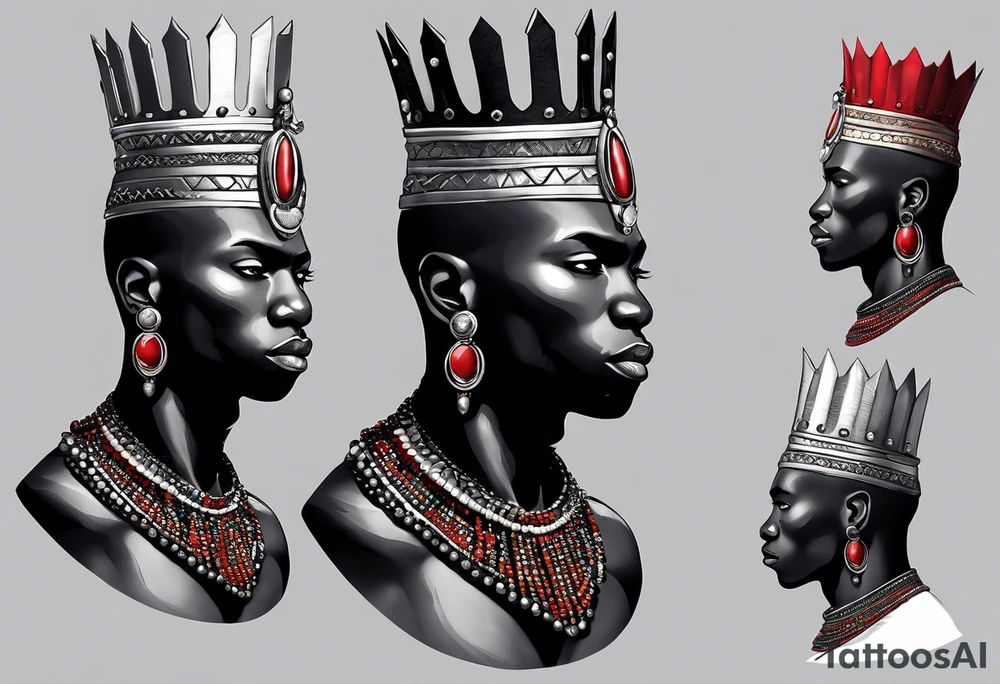Black-skinned bald african warrior. He wears a simple and small silver crown. He uses two simple necklaces: one blue, other red. He has cowry shells in his crown tattoo idea