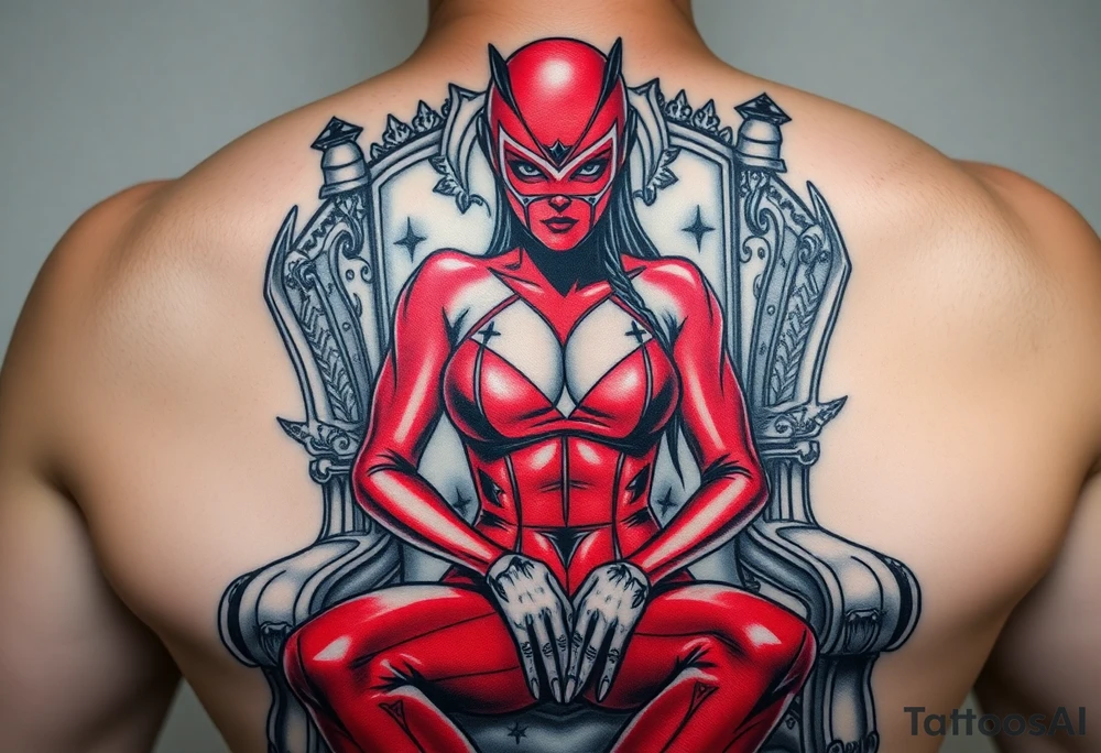 powerful female dominatrix wearing a red latex catsuit and facemask sitting on her throne tattoo idea