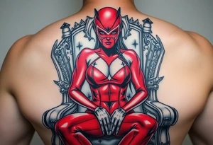 powerful female dominatrix wearing a red latex catsuit and facemask sitting on her throne tattoo idea