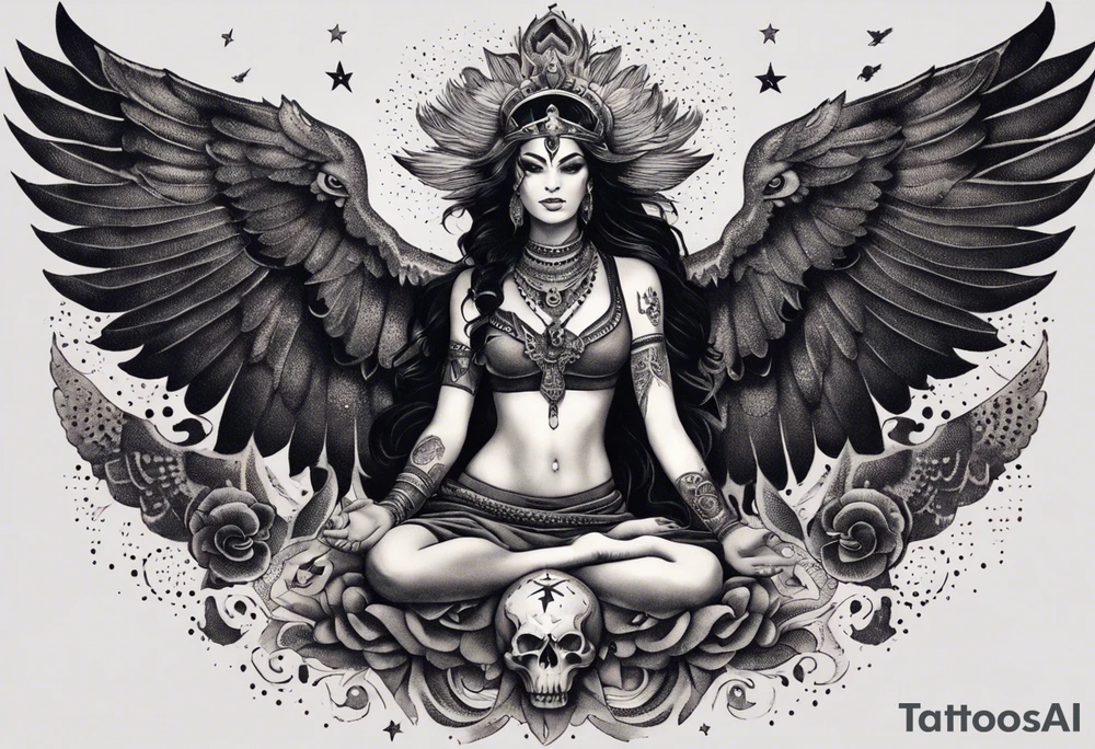 black kali, goddess pirate, alien, angel, pachamama, valkrye, warrior, flying, skull, lotus azul, wing, eagle, zenza resonance, stars, 5D, anahata chakra, death, durga, riding on a tiger, flying lady, chest tatoo tattoo idea