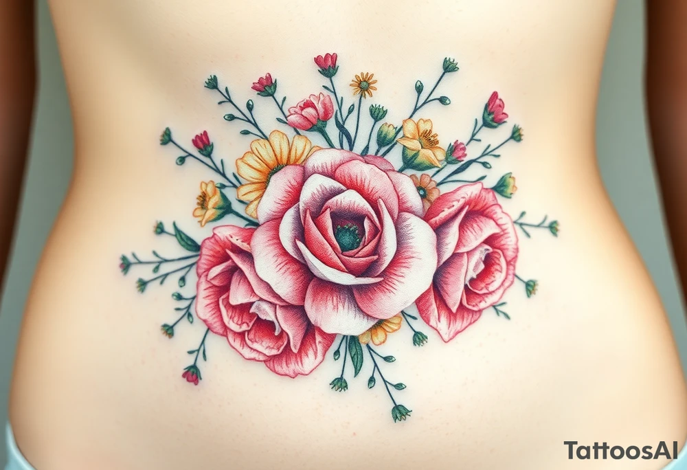 vintage bouquet of wild roses and meadow flowers with morning dew tattoo idea