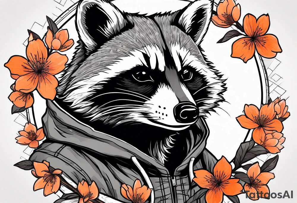 raccoon wearing a black and white Superman hoodie and orange Japanese cherry blossoms tattoo idea