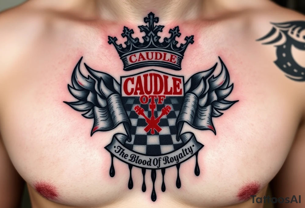 Men Doom Crest  with A Giant King Crown, CAUDLE written inside red, a chessboard, blood splatter on top of two red racing flags & OTF inside, The Words The Blood Of Royalty in red underneath the crest & 🌍 symbol in red outside of the crest, And raining blood drops, Jets/Airplanes/Helicopters/explosives tattoo idea