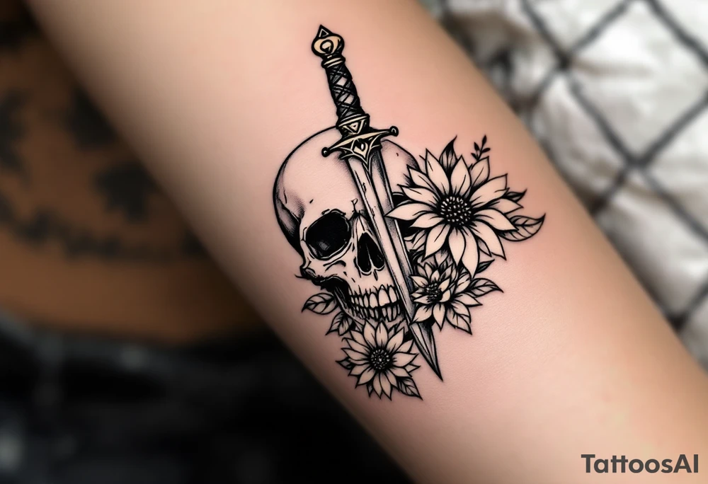 Skull, heart piercing a dagger with roses and sunflowers tattoo idea