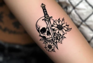 Skull, heart piercing a dagger with roses and sunflowers tattoo idea