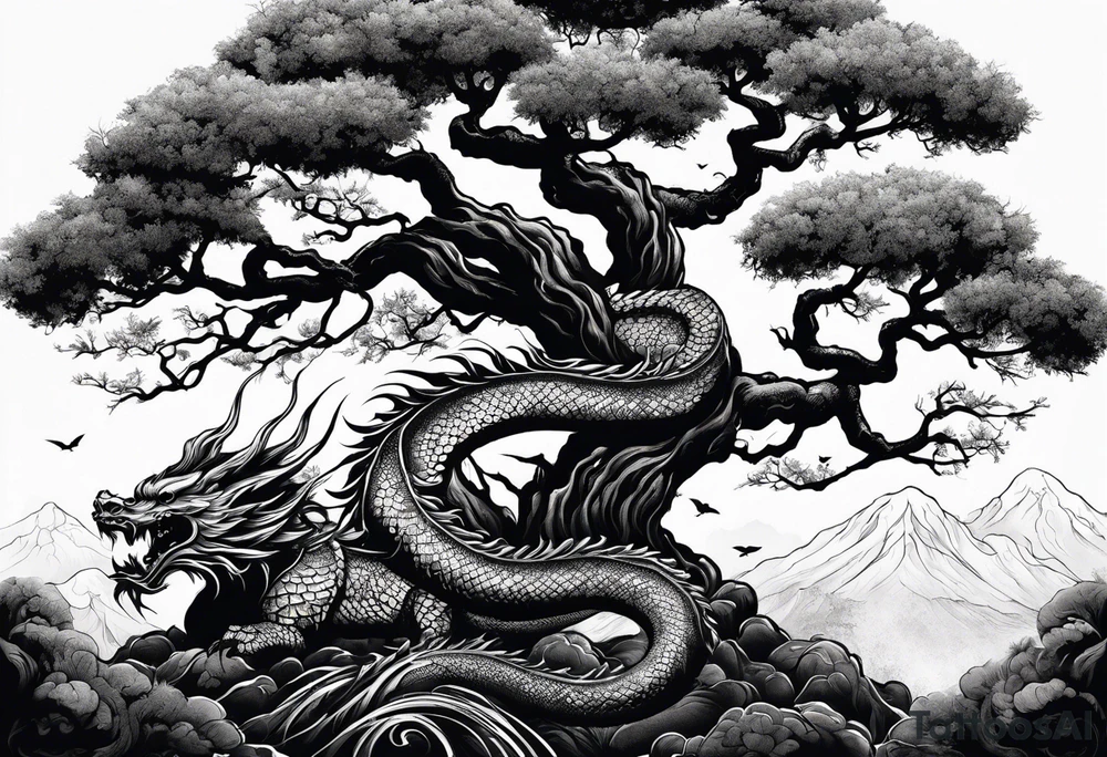 Black poison tree with shadowy japanese dragon tattoo idea