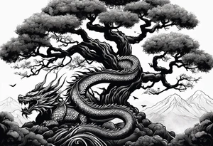 Black poison tree with shadowy japanese dragon tattoo idea