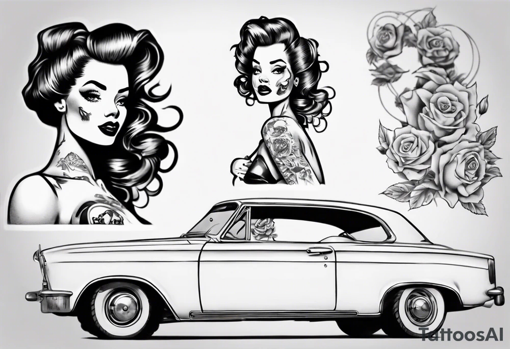 Pinup doll sitting inside an old vintage car tattoo idea Pinup doll sitting inside an old vintage car tattoo idea