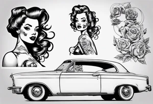 Pinup doll sitting inside an old vintage car tattoo idea
