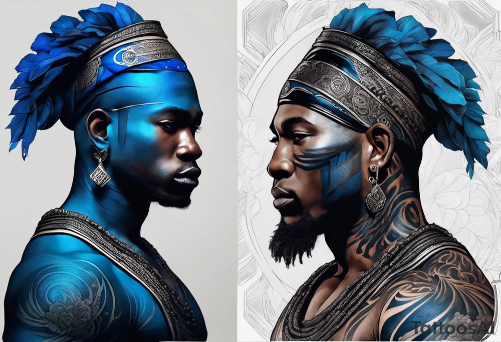 homem guerreiro Ogun africano realista de corpo inteiro em preto e cinza com tons de azul
 no fudo savana tattoo idea