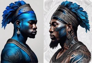 homem guerreiro Ogun africano realista de corpo inteiro em preto e cinza com tons de azul
 no fudo savana tattoo idea