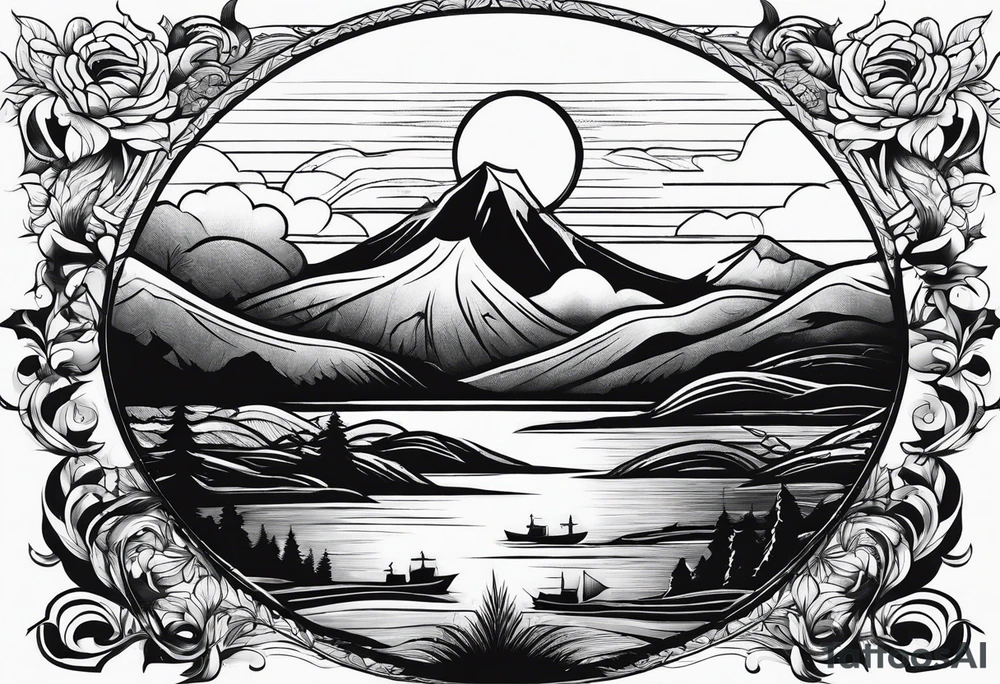 Sun, sea, mountain tattoo idea