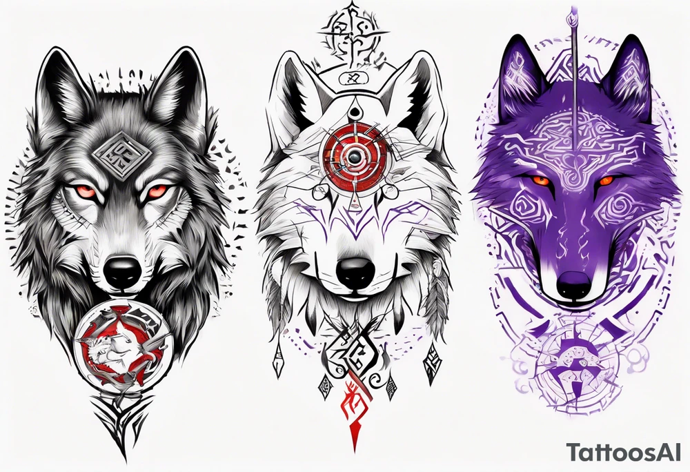 want a half sleeve on my left forearm featuring a side profile of wolf with a vegvisir for its purple and red eye, surrounded by Māori patterns and Norse symbols tattoo idea