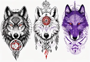 want a half sleeve on my left forearm featuring a side profile of wolf with a vegvisir for its purple and red eye, surrounded by Māori patterns and Norse symbols tattoo idea